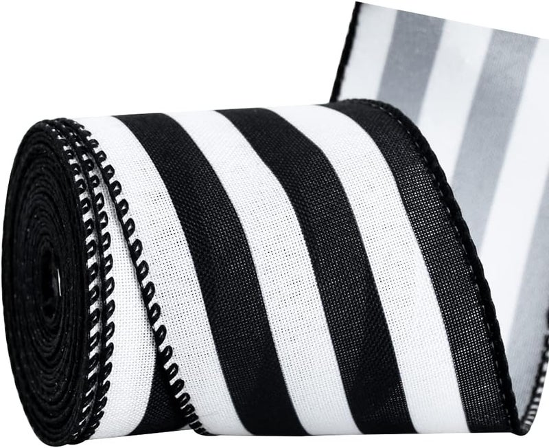 TONIFUL 2.5 Inch Black and White Wired Edge Ribbon, Striped Burlap Ribbon, Blakc White Wired Ribbon for Gift Wrapping, Wreath Bows Making, Crafts Home Party Christmas Tree Decoration（Striped，6yds） - Image 1